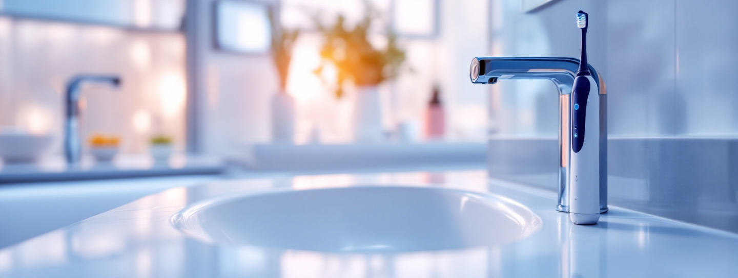 Elektrische Zahnbürste auf modernem Badezimmer-Hintergrund